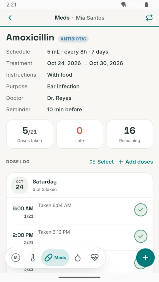 A medicine course with doses taken and remaining