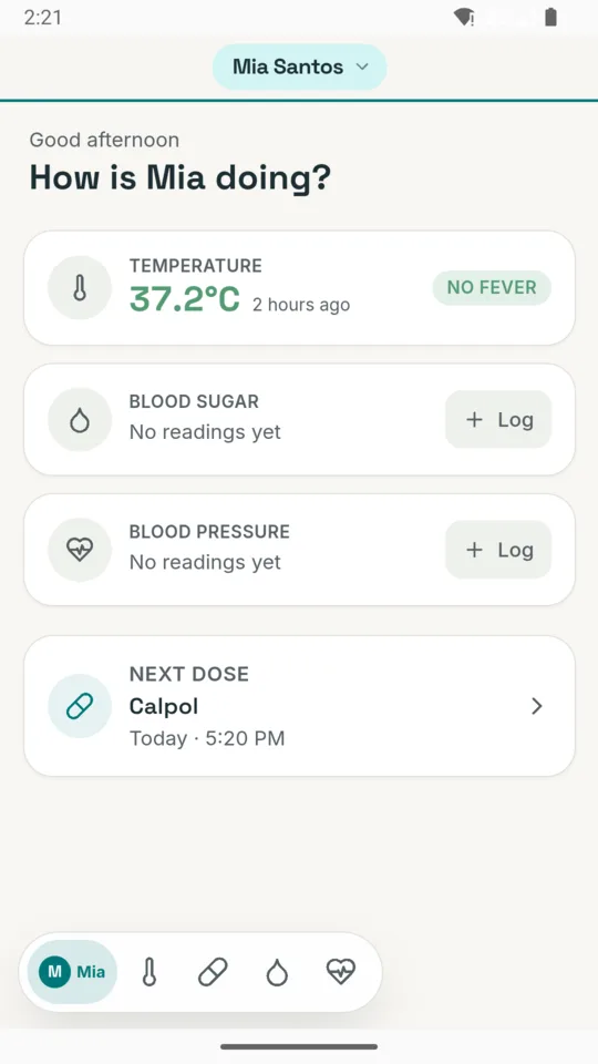 Home screen with latest temperature and next dose
