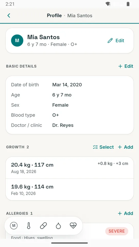 Profile with basic details and growth