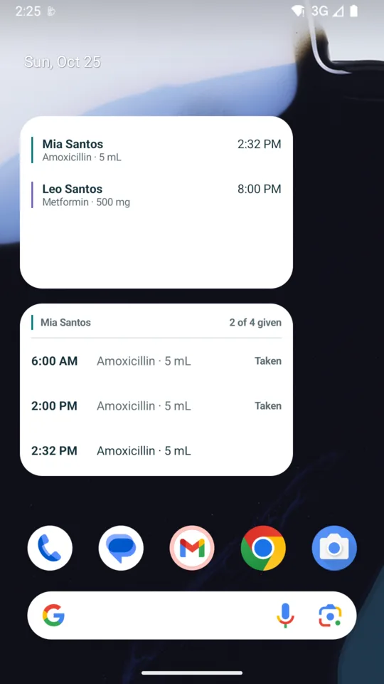 Home-screen widgets showing everyone's next dose and today's doses